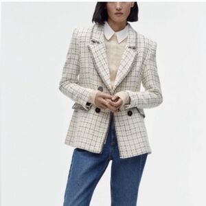 Zara Double Breasted Tweed Texture Weave White Casual Blazer Jacket Women’s Sz M
